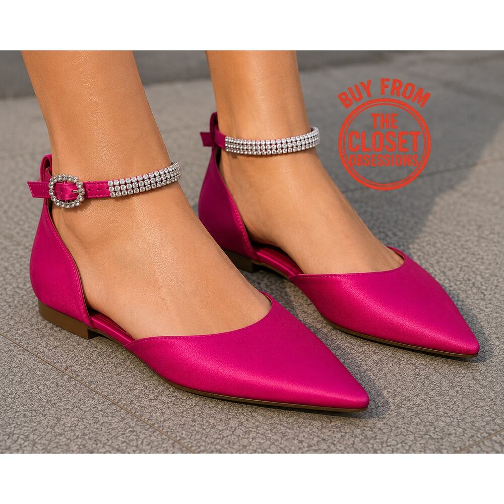 MANGO Fuchsia Satin Rhinestone Pointed Toe Flats NWT Barbiecore Shoes